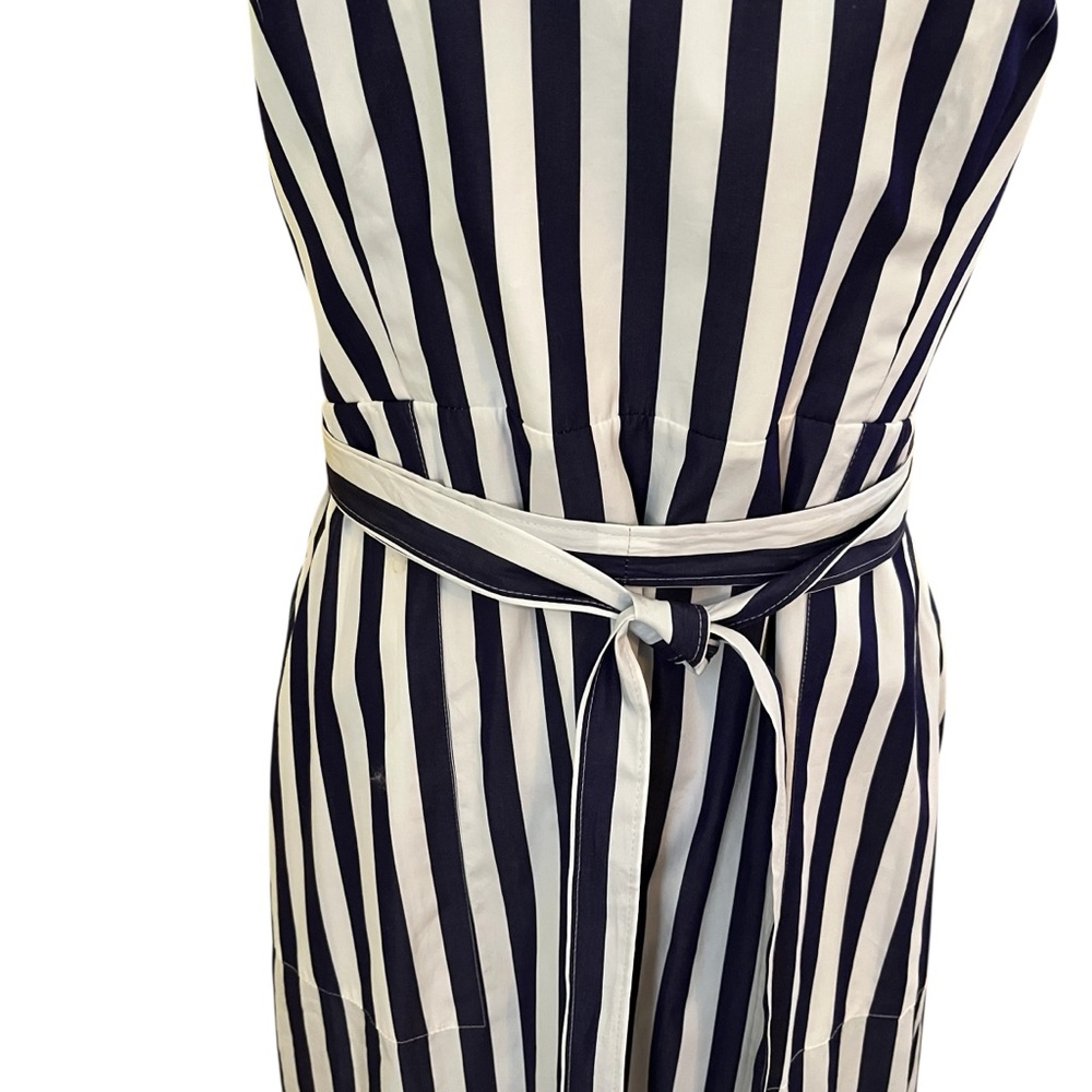 J. Crew/Thomas Mason Navy Blue/White Cotton Striped Apron Tie Midi Dress 12 - Picture 4 of 10